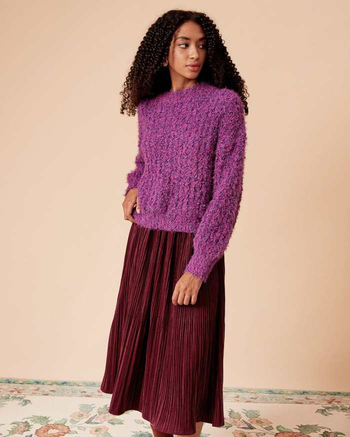 The Purple Round Neck Lantern Sleeve Textured Sweater