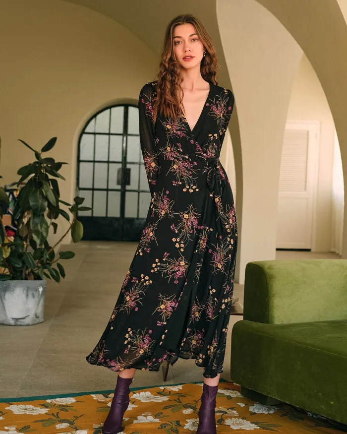 The Floral Long Sleeve Wrap Maxi Dress