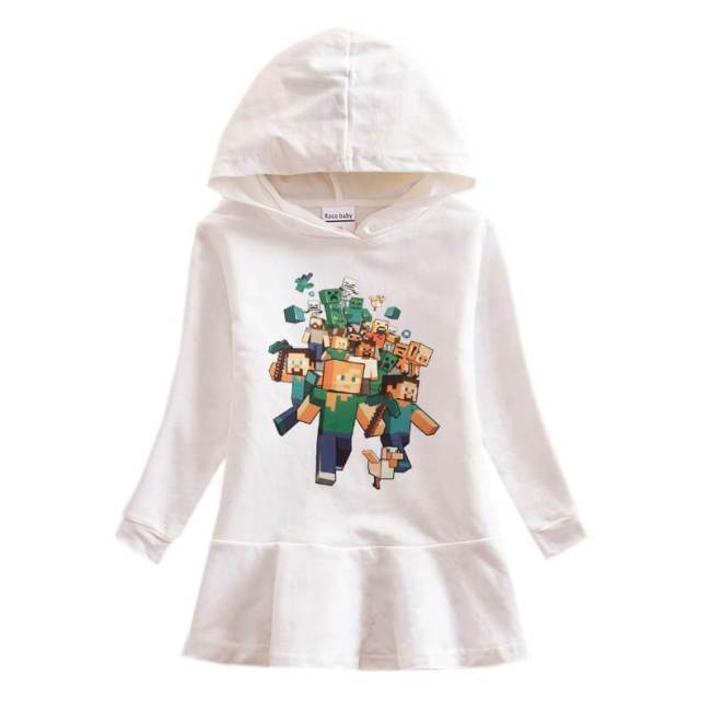 Minecraft Print Girls Hooded Long Sleeve Frill Hem Sweatshirt Dress