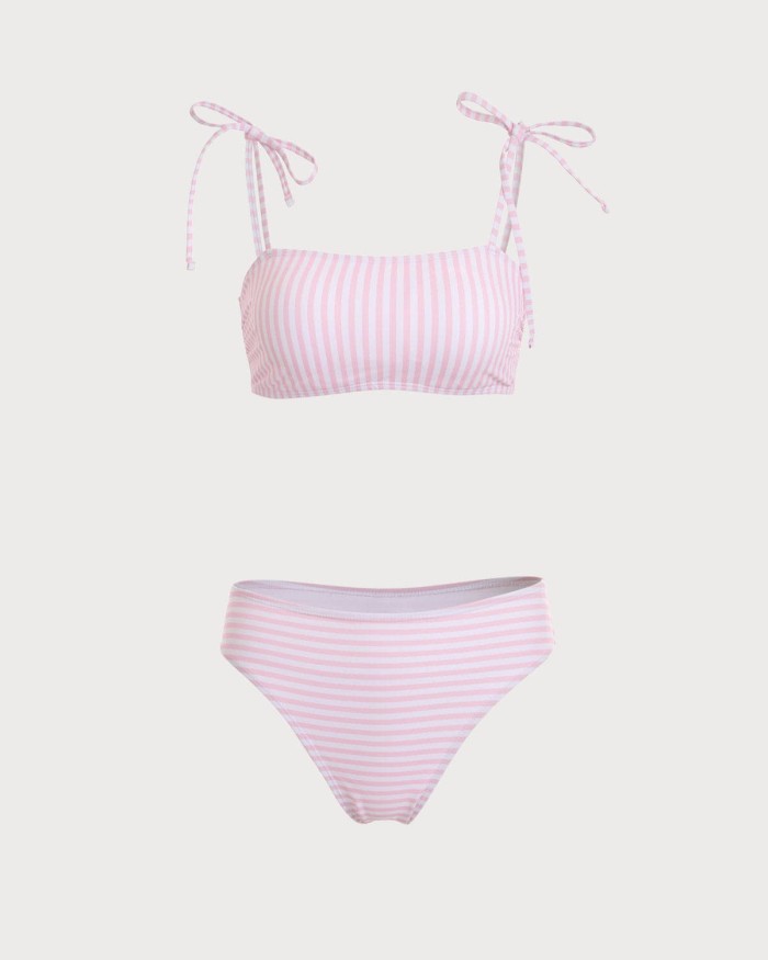 Knot Shoulder Striped Bikini Set