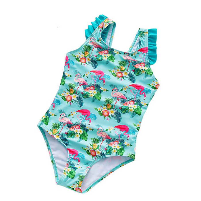 Girls Tropical Palm Flamingo Print Ruffle Shoulder One Piece Swimsuit