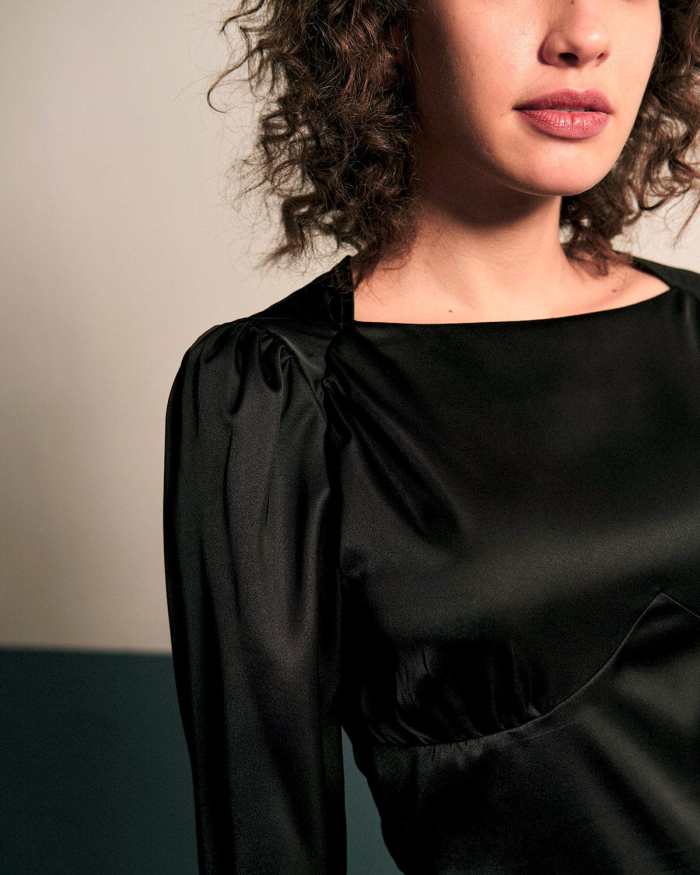 The Solid Puff Sleeve Tie-Back Satin Blouse