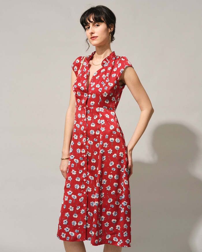The Red V Neck Cap Sleeve Floral Midi Dress