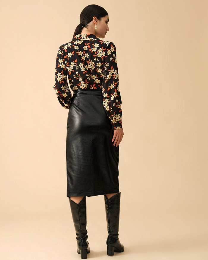 The Black Pu Leather Side Slit Skirt