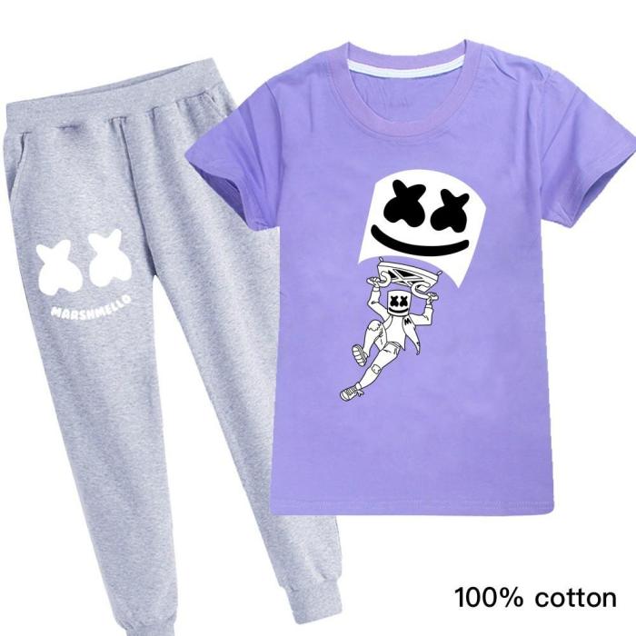 Boys Girls Fly Dj Marshmello Print Cotton T Shirt And Grey Sweatpants