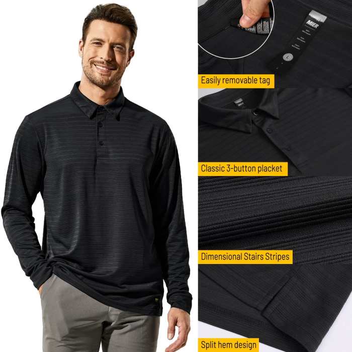 Men Long Sleeve Polo Shirts Striped Quick Dry Golf Shirts