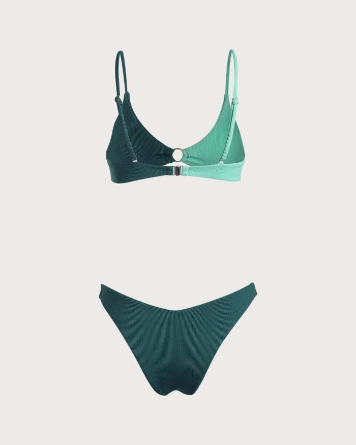 The Green V Neck Colorblock Ribbed Bikini Set