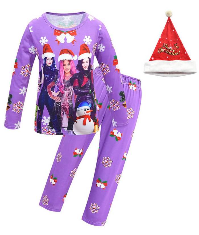 Descendants 3 Print Girls Pink Purple Christmas Pajamas Suit Set