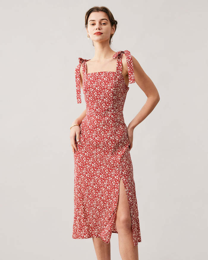 The Red Floral Tie Shoulder Slit Midi Dress