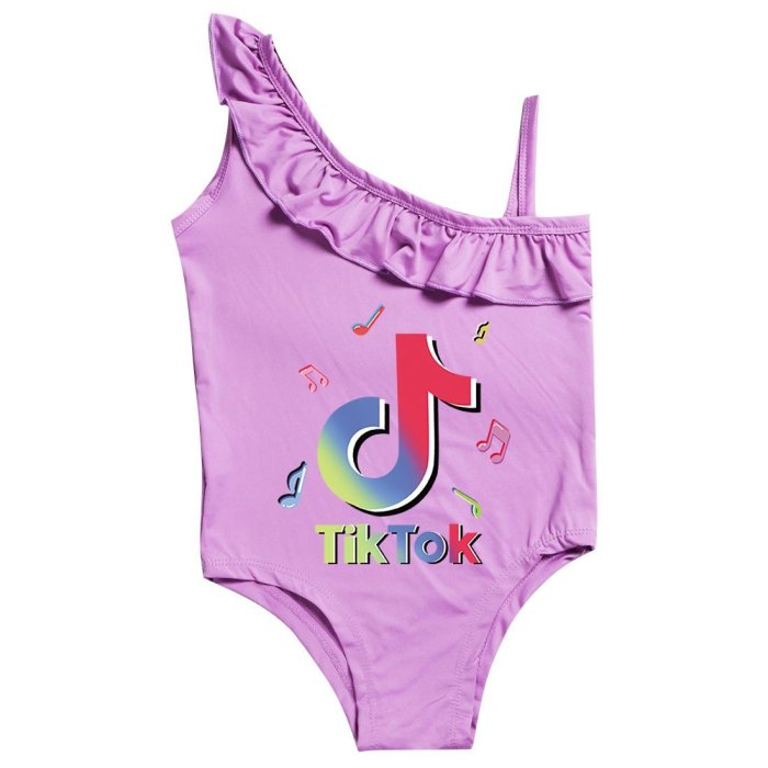 Tiktok Print Little Girls Pink Purple Ruffle One Piece Swimsuit