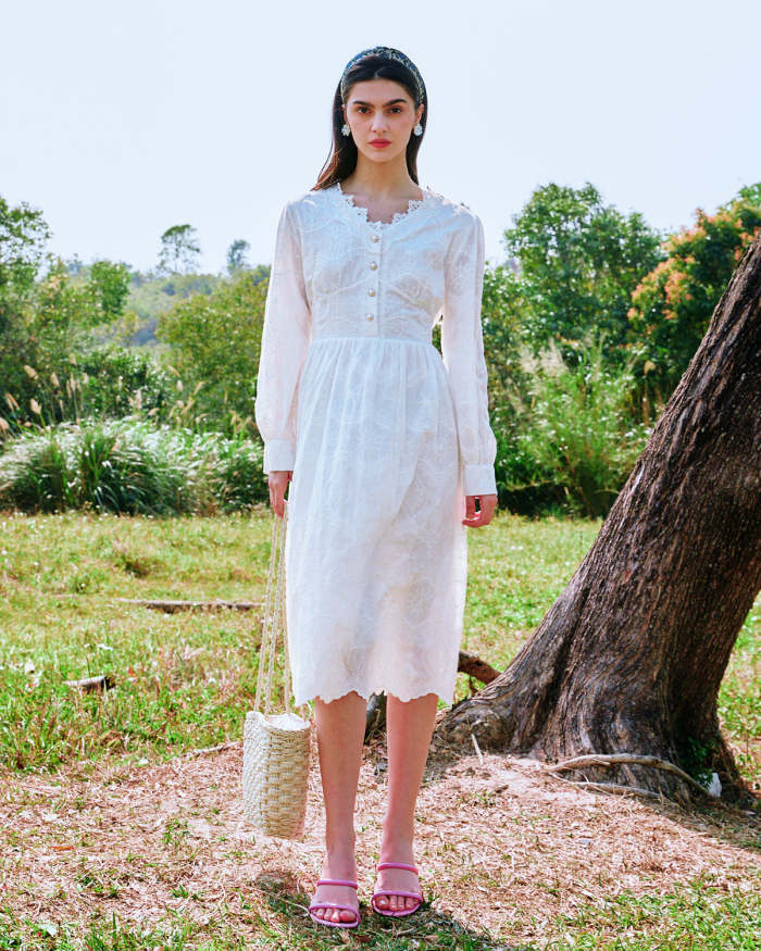 The White V Neck Lace Trim Long Sleeve Midi Dress