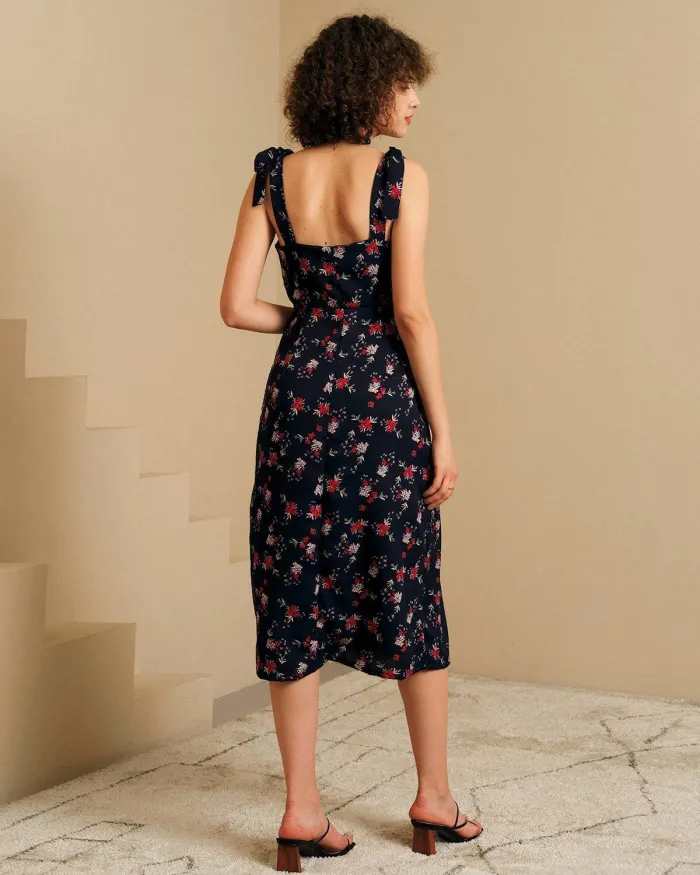 The Tie Strap Floral Retro Midi Dress