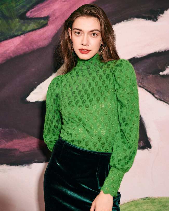 The Green Mock Neck Puff Sleeve Textured Knit Top