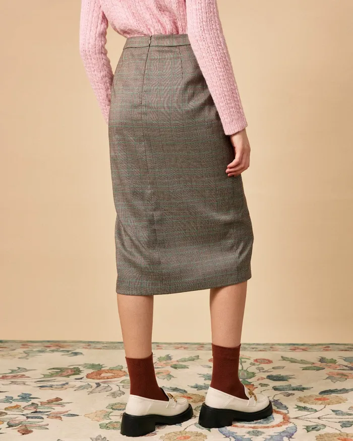 The High Waisted Side Slit Plaid Midi Skirt