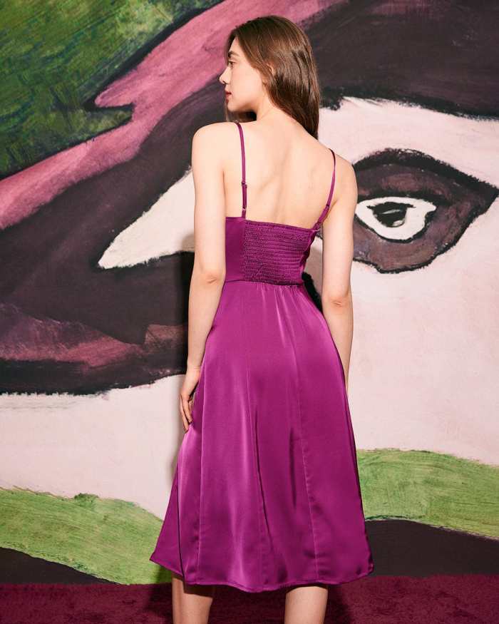 The Purple Side Slit Satin Sling Midi Dress