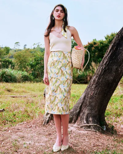 The High Waisted Floral Print Slit Midi Skirt
