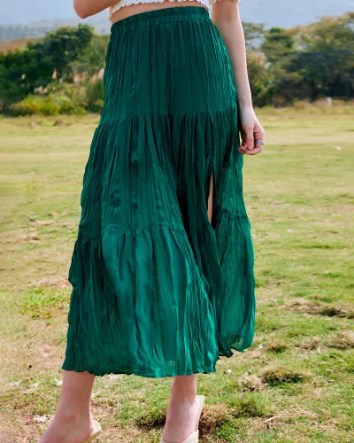 The Green High Waisted Pleated Side Slit Midi Skirt