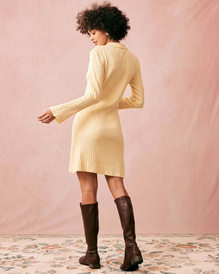 The Yellow Ribbed Long Sleeve Knit Mini Dress