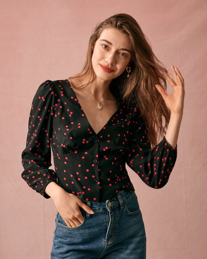 The V Neck Polka Dot Puff Sleeve Blouse