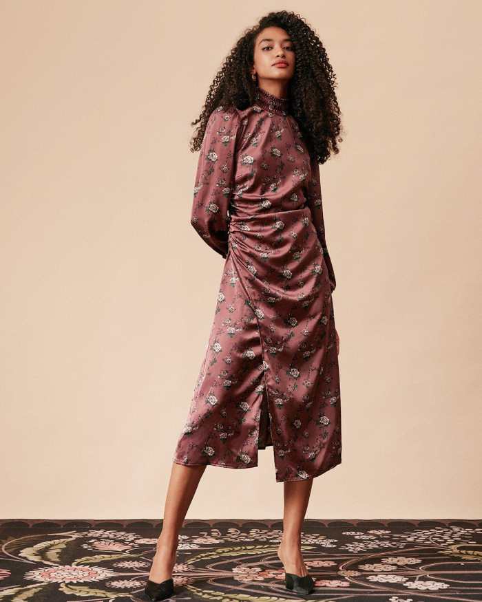 The Mock Neck Ruched Floral Satin Midi Dress