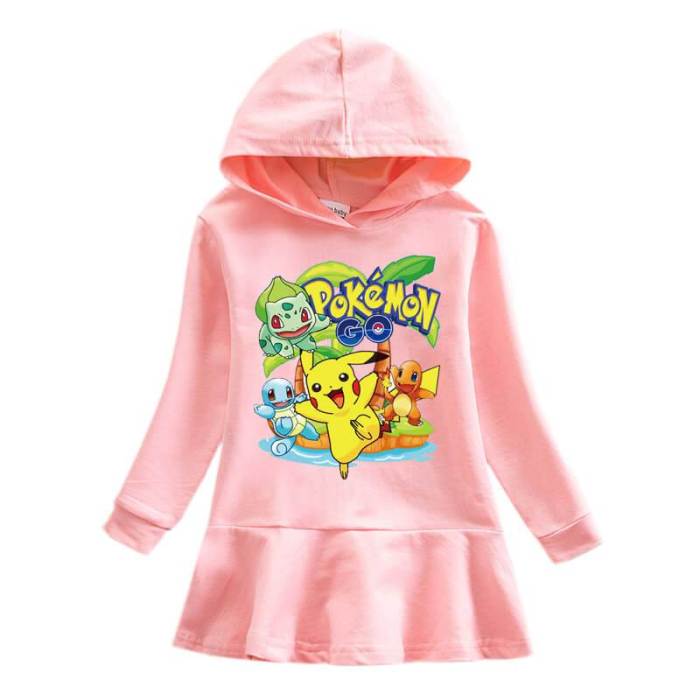 Pokemon Detective Pikachu Print Girls Long Sleeve Hooded Frill Dress