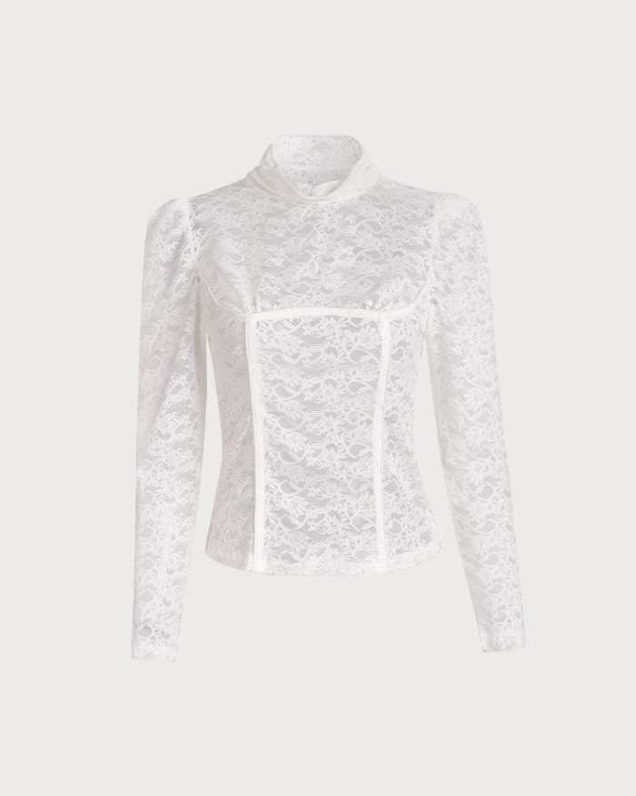 The White See Through Mock Neck Lace Blouse