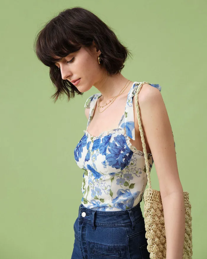 The Blue Tie Strap Frill Trim Cami Top