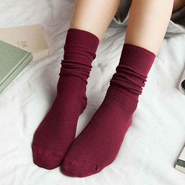 Loose Solid Colors Double Needles Knitting Cotton Long Socks