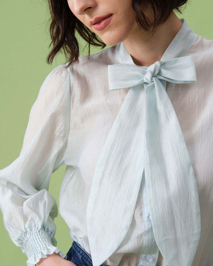 The Blue Tie Neck Long Sleeve Sheer Blouse