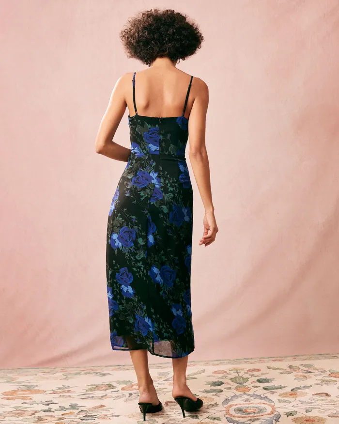 The Navy Floral Drawstring Sling Midi Dress