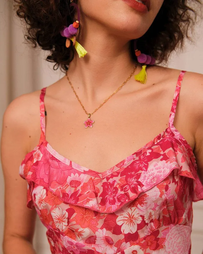 The V Neck Ruffle Floral Midi Dress