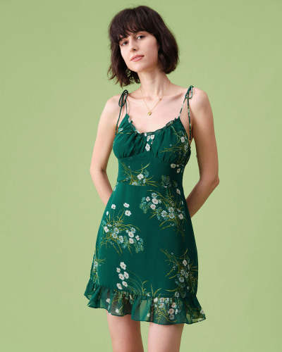 The Green Tie Shoulder Ruffle Floral Mini Dress