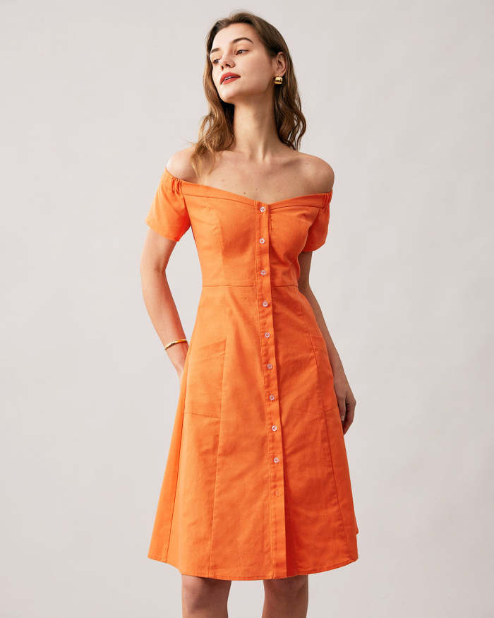 The Orange Button Up Off-The-Shoulder Midi Dress