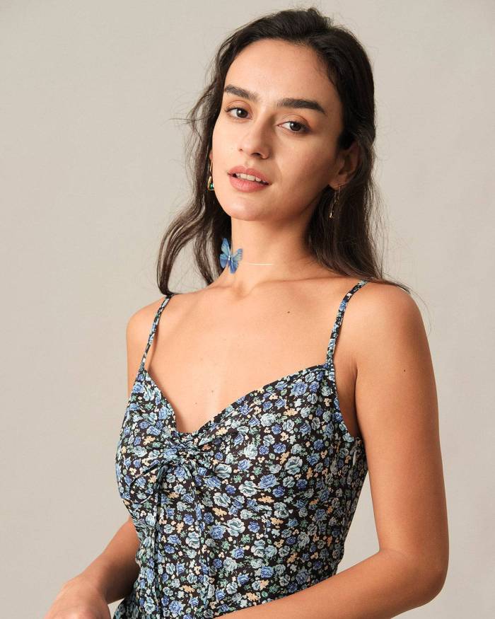 The Blue Floral Ruched Midi Dress