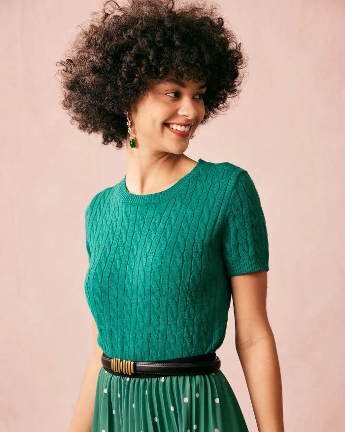 The Green Round Neck Short Sleeve Cable Sweater