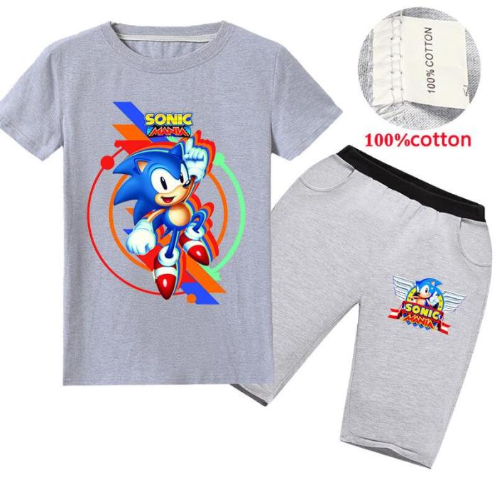 Sonic Mania Print Girls Boys Cotton T Shirt And Shorts Outfit Sets