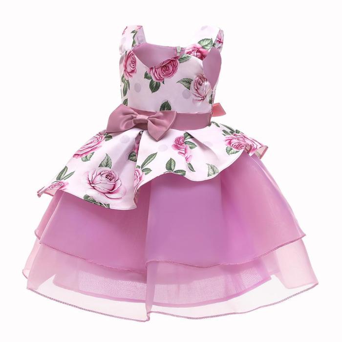 Girls Pink Rose Pattern Pageant Tiers Tulle Birthday Party Dress