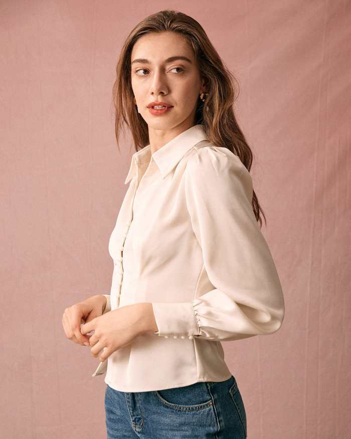 The Solid Collared Puff Sleeve Satin Blouse