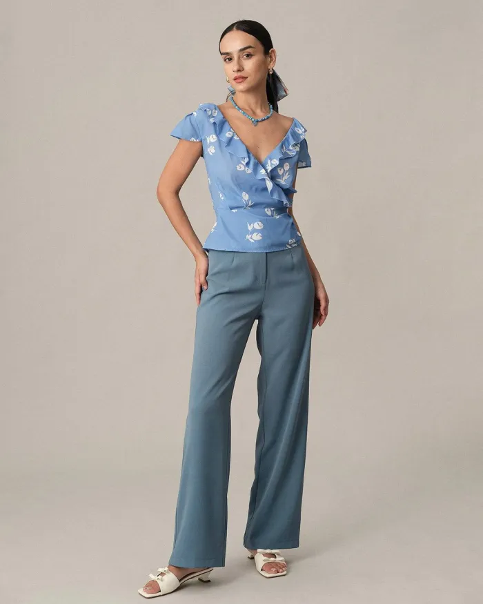 The Cap Sleeve Ruffle V Neck Blouse