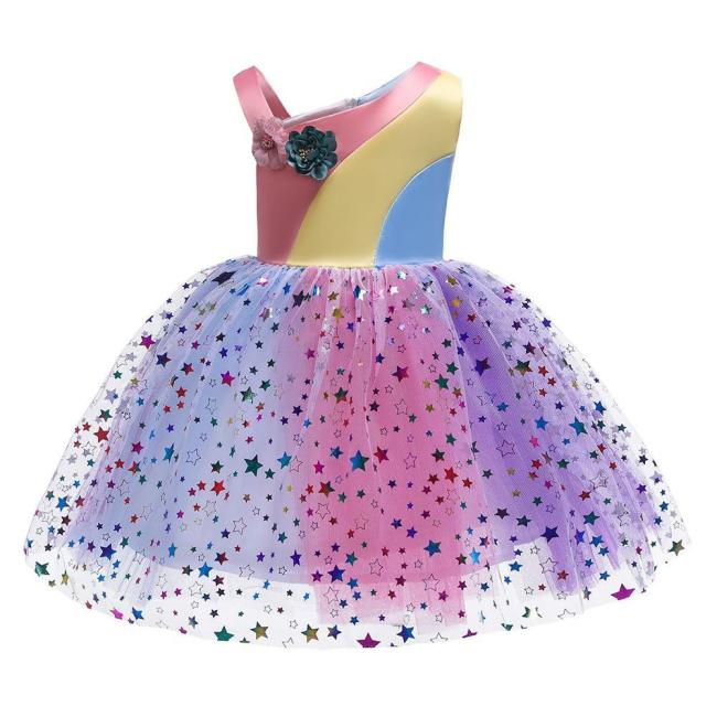 Girls Rainbow Top Shiny Embellished Tulle Birthday Party Dress Gown