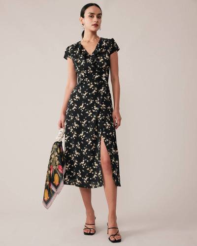 The V-Neck Floral Print Wrap Midi Dress