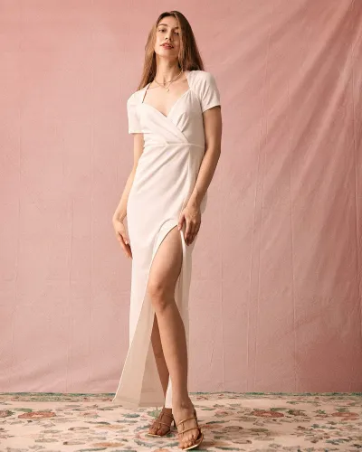 The White V Neck Short Sleeve Slit Maxi Dress