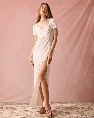 The White V Neck Short Sleeve Slit Maxi Dress