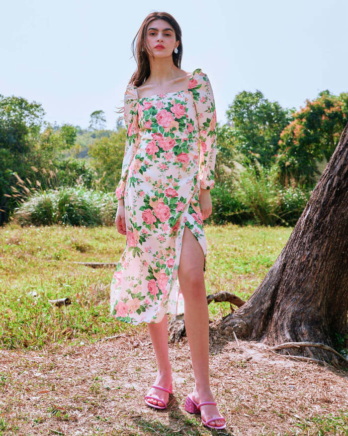 The Square Neck Floral Long Sleeve Midi Dress