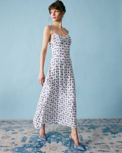 The Floral Tie Strap Ruched Maxi Dress