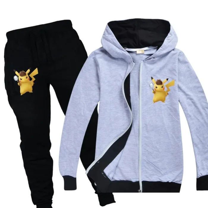 Boys Girls Detective Pikachu Cotton Hoodie And Sweatpants Outfit Set