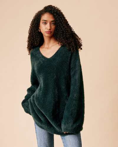 The Green V Neck Fuzzy Sweater
