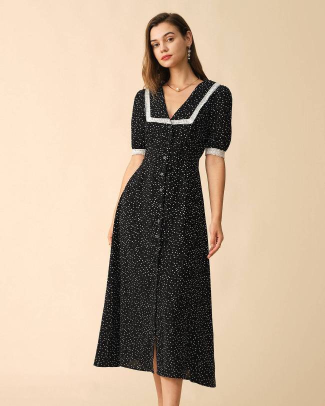 The Polka Dot Lace Trim Midi Dress