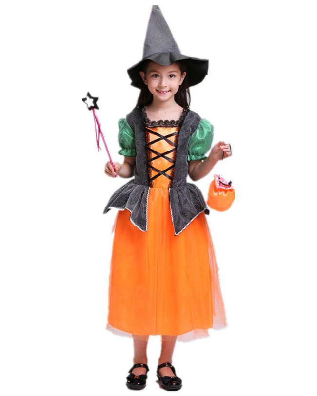 Girls Pumpkin Witch Dress Kids Halloween Cosplay School Play Costume