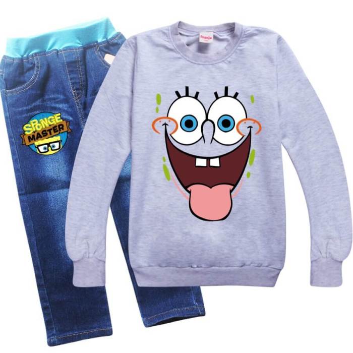 Spongebob Print Girls Boys Pullover Hoodie And Jeans Outfit Sets